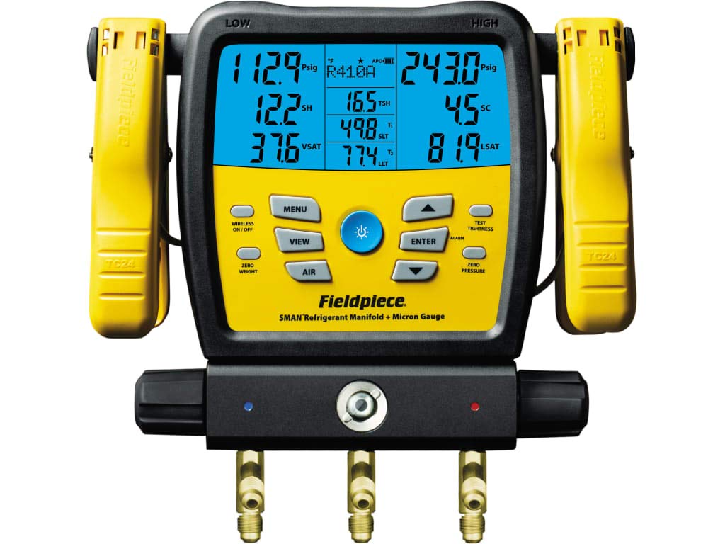 Fieldpiece SM482V Wireless 4-Port SMAN Refrigerant Manifold with Vacuum Gauge – Air Conditioning/Refrigerant Digital Gauges for HVAC & Refrigeration