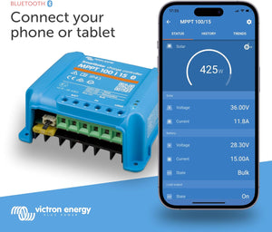 Victron Energy SmartSolar MPPT Solar Charge Controller (Bluetooth) - Charge Controllers for Solar Panels - 100V, 15 amp, 12/24-Volt